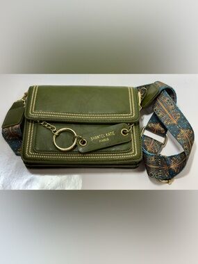 Olive Green faux Leather Crossbody Bag w/ gold embellishment and guitar strap